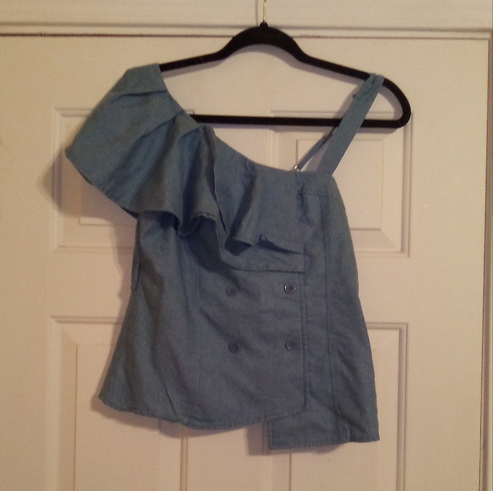 Y2K Ruffle Sleeve & Thin Strap Asymmetrical Storm Cloud Blue Top Size Small